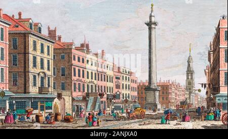 A view of the Monument erected in memory of the dreadfull fire in the year 1666.  London, England.  After a print dated 1752 from a work by Caneletto.  Published by Robert Sayer.  Later colourization. Stock Photo