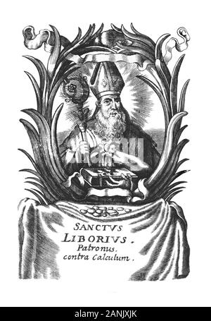 Antique vintage religious allegorical engraving or drawing of Christian holy man saint Liborius of Le Mans.Illustration from Book Die Betrubte Und noch Ihrem Beliebten..., Austrian Empire,1716. Artist is unknown. Stock Photo