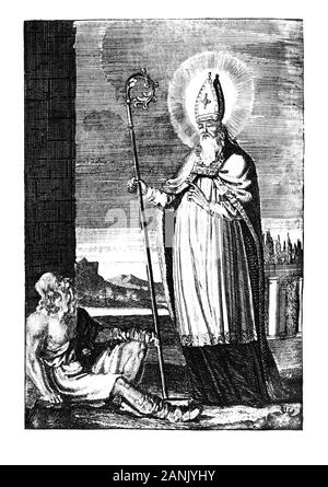 Antique vintage religious allegorical engraving or drawing of Christian holy man saint Stapin.Illustration from Book Die Betrubte Und noch Ihrem Beliebten..., Austrian Empire,1716. Artist I.I.Wolff. Stock Photo