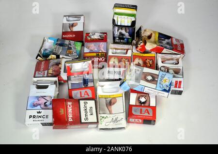 cigarettes in denmark Sonderborg, Denmark - January 15, 2020: Arrangement with different  colorrful brand cigarette packages Stock Photo