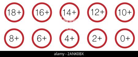 Set of adult icon Over 0 to 18 years old black and red colors thin line. Set of adult icons Over 0+ to 18+ years old black thin line Stock Vector