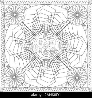 Coloring Page Illustration in Square Format - Mandala Star Web Wheel - De-Stress and Relax - Black and White Stock Vector