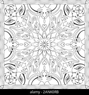 Coloring Page Illustration in Square Format - Mandala Star Foliage Flower Design - De-Stress and Relax - Black and White Stock Vector