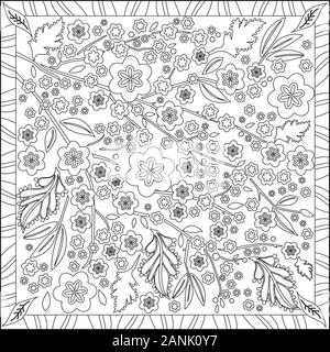 Coloring Page Illustration in Square Format, Flowers Branches and Leaves, Foliage Design - Cherry Blossom - Black and White Stock Vector