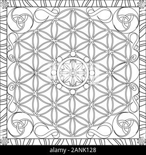 Coloring Page Illustration in Square Format - Mandala Flower of Life Wheel - De-Stress and Relax - Black and White Stock Vector