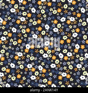 Colorful Artistic Ditsy Allover Graphic Floral Vector Seamless Pattern. Simplistic Small Hand Drawn Daisies, Scattered Abstract Blooms on Black Backgr Stock Vector