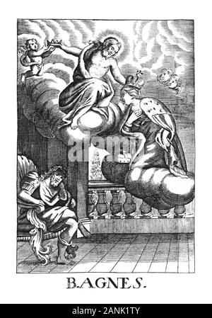 Antique vintage religious allegorical engraving or drawing of Christian holy woman saint Agnes of Bohemia. Illustration from Book Die Betrubte Und noch Ihrem Beliebten..., Austrian Empire,1716. Artist is unknown. Stock Photo