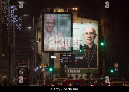Bilboard with Anthony Hopkins as pope Benedict XVI and Jonathan Pryce as Cardinal Jorge Mario Bergoglio future pope Francis the main characters of The Stock Photo
