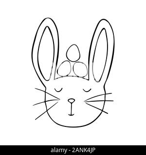 Easter bunny with easter eggs. The traditional animal of the Orthodox and Catholic holiday. Happy easter. Black and white doodle style illustration Stock Vector