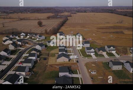 drone aerial Home neighborhood construction in converted farm field Ohio