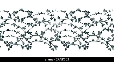 Vector realistic botany cherry tree repeat border with spring floral. Beautiful design for wedding, event. Nature background. Print, fabric, stationary. Stock Vector