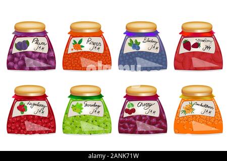Berry jam jar glass set isolated on white background. Set of glass jar with marmalade. Grocery packaging collection in a realistic style. Vector Stock Vector