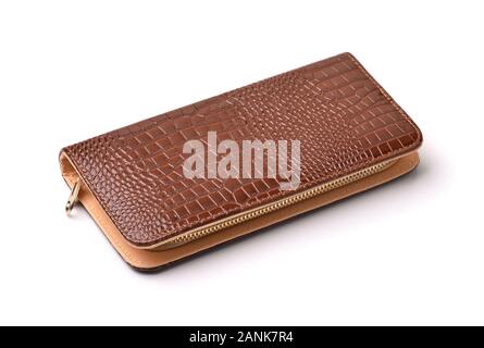 Brown leather zip around purse isolated on white Stock Photo