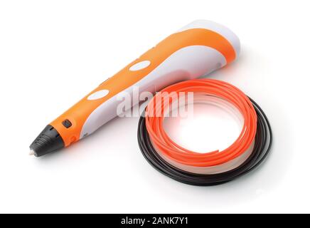 Orange 3D pen and set of filaments isolated on white Stock Photo