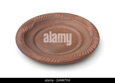 Empty old clay plate isolated on white Stock Photo