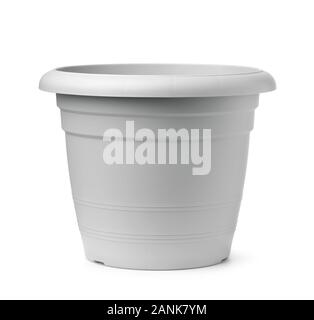 Front view of gray plastic flower pot isolated on white Stock Photo
