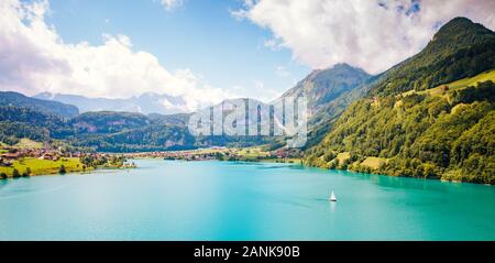 Great panorama of the town resort Lungern. Popular tourist attraction. Picturesque day and gorgeous scene. Location place Swiss Alps, canton of Obwald Stock Photo