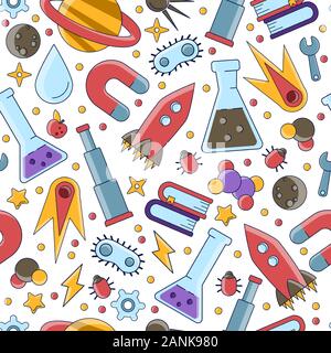 Science flat seamless pattern with scientific elements - molecule, atom structure, rocket, books, water and other on one simple educational and school Stock Vector