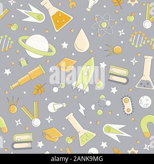 Science flat seamless pattern with scientific elements - molecule, atom structure, rocket, books, water and other on one simple educational and school Stock Vector