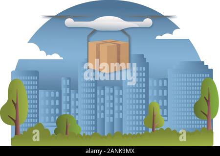 Delivery drone with the package against city background. Fast and convenient transportation concept. Remote air drone with a box flying in the sky Stock Vector