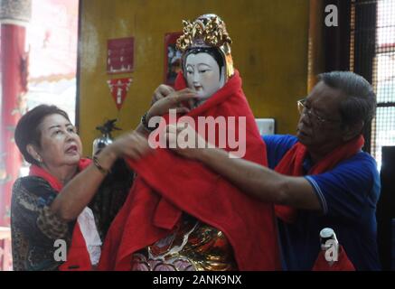 Jakarta, Indonesia. 17th Jan, 2020. Residents of Chinese descent bathe statues or images of gods and goddesses, and clean up various prayer equipment at the Amurva Bhumi Temple, Kasablanka area, Jakarta, on January, 17, 2020. The tradition that is carried out every year before the Chinese New Year is believed to add to the solemn and smooth procession of prayers performed by Chinese citizens. Credit: Dasril Roszandi/ZUMA Wire/ZUMAPRESS.com/Alamy Live News Stock Photo