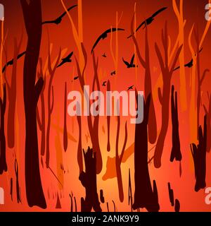 Landscape with wildfire in Australia and flying birds. Vector cartoon illustration. Stock Vector