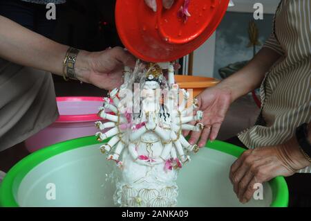 Jakarta, Indonesia. 17th Jan, 2020. Residents of Chinese descent bathe statues or images of gods and goddesses, and clean up various prayer equipment at the Amurva Bhumi Temple, Kasablanka area, Jakarta, on January, 17, 2020. The tradition that is carried out every year before the Chinese New Year is believed to add to the solemn and smooth procession of prayers performed by Chinese citizens. Credit: Dasril Roszandi/ZUMA Wire/ZUMAPRESS.com/Alamy Live News Stock Photo