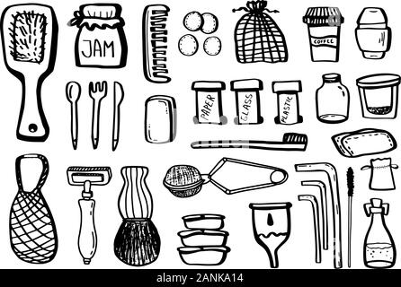 Set ecology doodles isolated on white background. Recycling. Vector outline illustration. Concept of refuse plastic, eco lifestyle and go green. Comb, Stock Vector