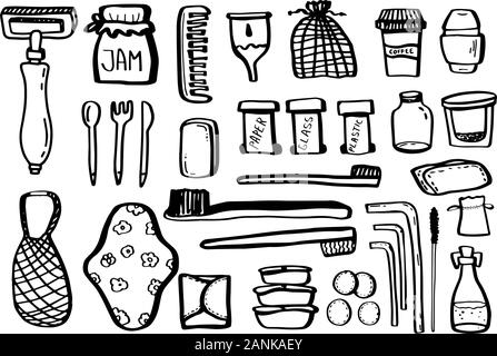 Set zero waste ecology doodles isolated on white background. Vector outline illustration.Garbage separation.Razor,comb,cutlery,can,toothbrush,reusable Stock Vector