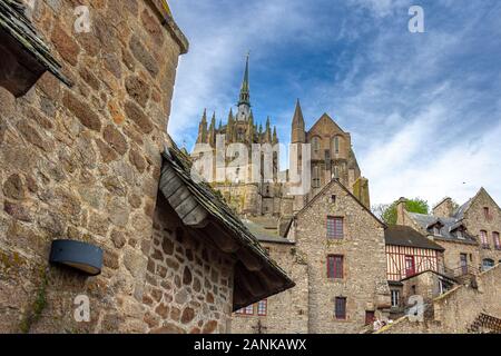 foreshortening from below of saint Michel church. Normandy, France Stock Photo