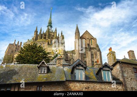 foreshortening from below of saint Michel church. Normandy, France Stock Photo