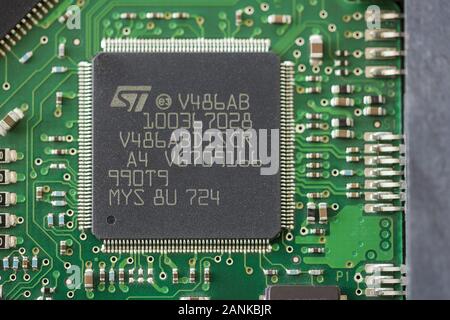 TIMISOARA, ROMANIA - MARCH 30, 2019: Close-up of a STMicroelectronics microprocessor. Micro controller. Stock Photo