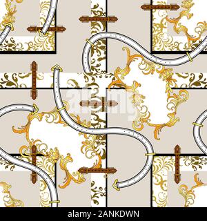Gold baroque pattern with floral pattern, belts. Geometric background. Seamless paisley print for fabric. Fashion elements. Textile figures. Stock Photo