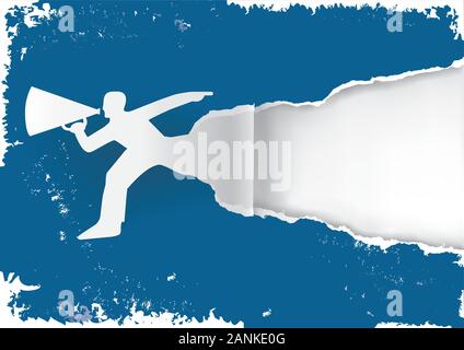 Man with megaphone ripping blue grunge style paper background. Illustration of expressive grunge background. Suitable for original flyer or banner. Stock Vector
