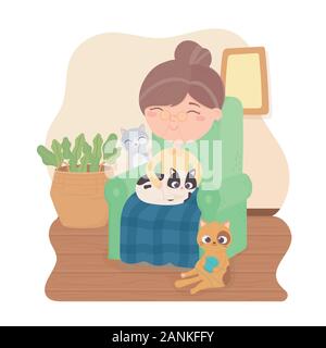 old woman sitting on chair with cats in the room vector illustration Stock Vector