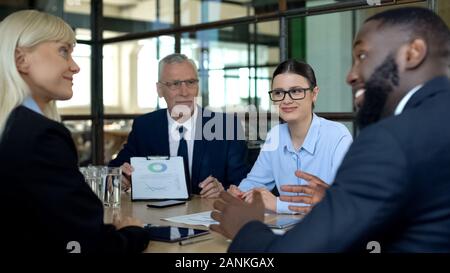Friendly office employees discussing presentation of investment project together Stock Photo