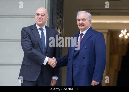 Athens, Greece. 17th Jan, 2020. Greek Foreign Minister Nikos Dendias (L) welcomes Khalifa Haftar, commander of the Libyan National Army (LNA), in Athens, Greece, on Jan. 17, 2020. Greece is ready to help Libya going forward once a solution is found to the conflict there, Greek Foreign Minister Nikos Dendias told the press here on Friday following his meeting with Khalifa Haftar, commander of the Libyan National Army (LNA). Credit: Marios Lolos/Xinhua/Alamy Live News Stock Photo