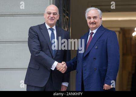 Athens, Greece. 17th Jan, 2020. Greek Foreign Minister Nikos Dendias (L) welcomes Khalifa Haftar, commander of the Libyan National Army (LNA), in Athens, Greece, on Jan. 17, 2020. Greece is ready to help Libya going forward once a solution is found to the conflict there, Greek Foreign Minister Nikos Dendias told the press here on Friday following his meeting with Khalifa Haftar, commander of the Libyan National Army (LNA). Credit: Marios Lolos/Xinhua/Alamy Live News Stock Photo