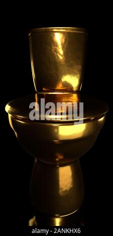 Gold toilet bowl on black background. Stock Photo