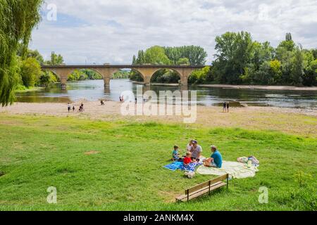 Limeuil, France - August 15, 2019: People at the Parc Panoramique. Dordogne River meeting Vezere River at Limeuil, Dordogne, France. Stock Photo