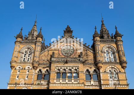 Close- up veiw of Chhatrapati Shivaji Terminus formerly Victoria Terminus in Mumbai, India is a UNESCO World Heritage Site and historic railway statio Stock Photo