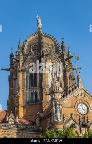 Close- up veiw of Chhatrapati Shivaji Terminus formerly Victoria Terminus in Mumbai, India is a UNESCO World Heritage Site and historic railway statio Stock Photo