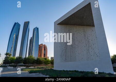 The Founder's Memorial - Picture of Sheikh Zayed bin Sultan Al Nahyan founder of the United Arab Emirates | Al Etihad towers Stock Photo