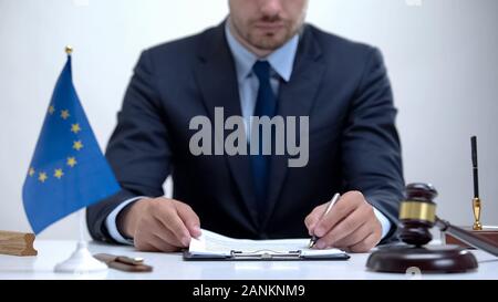 Judge of European supreme court checking evidence, protection of human rights Stock Photo