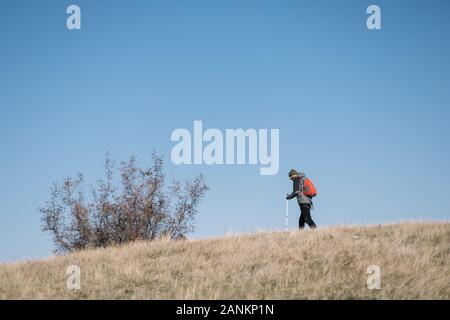 Man walking through field against blue sky Stock Photo