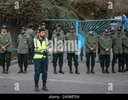 Tehran, Iran. 17th Jan, 2020. Soldiers stand guard during a protest after the Friday prayer in Tehran, Iran, on Jan. 17, 2020. Ayatollah Ali Khamenei on Friday said that the U.S. assassination of Iran's Quds commander Qassem Soleimani was a 'cowardice act' which hurts the U.S. superpower prestige. Credit: Ahmad Halabisaz/Xinhua/Alamy Live News Stock Photo