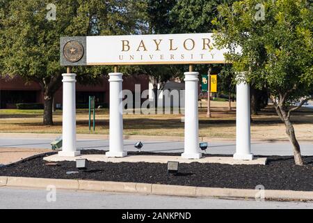 Waco, TX / USA - January 12, 2020: Baylor University Sign at the Entrance to Baylor University in Waco, Texas. Stock Photo