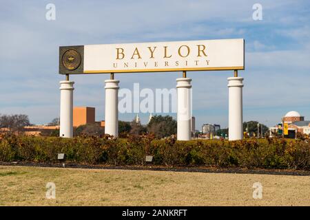 Waco, TX / USA - January 12, 2020: Baylor University Sign at the Entrance to Baylor University in Waco, Texas. Stock Photo