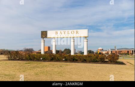 Waco, TX / USA - January 12, 2020: Baylor University Sign at the Entrance to Baylor University in Waco, Texas. Stock Photo