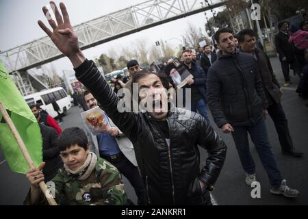 Tehran, Iran. 17th Jan, 2020. Regime supporters protest against the U.S. following a Friday prayer led by Supreme Leader of Iran, Ali Khamenei after an eight years-long break in Tehran, Iran. Tehran is the major city, Iranians protested against the U.S. in different cities as they carried anti-U.S banners and images of Ali Khamenei, Supreme Leader of Iran and Qasem Soleimani, commander of Iranian Revolutionary Guards' Quds Forces who was killed in a U.S. airstrike. Credit: Rouzbeh Fouladi/ZUMA Wire/Alamy Live News Stock Photo